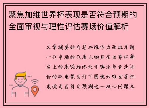 聚焦加维世界杯表现是否符合预期的全面审视与理性评估赛场价值解析